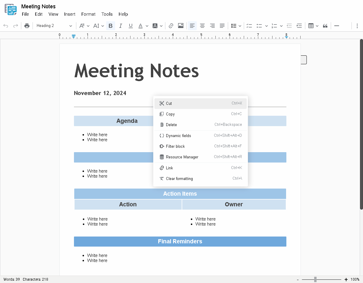 Animation showing the docu2.me context menu being accessed by right-clicking in a document