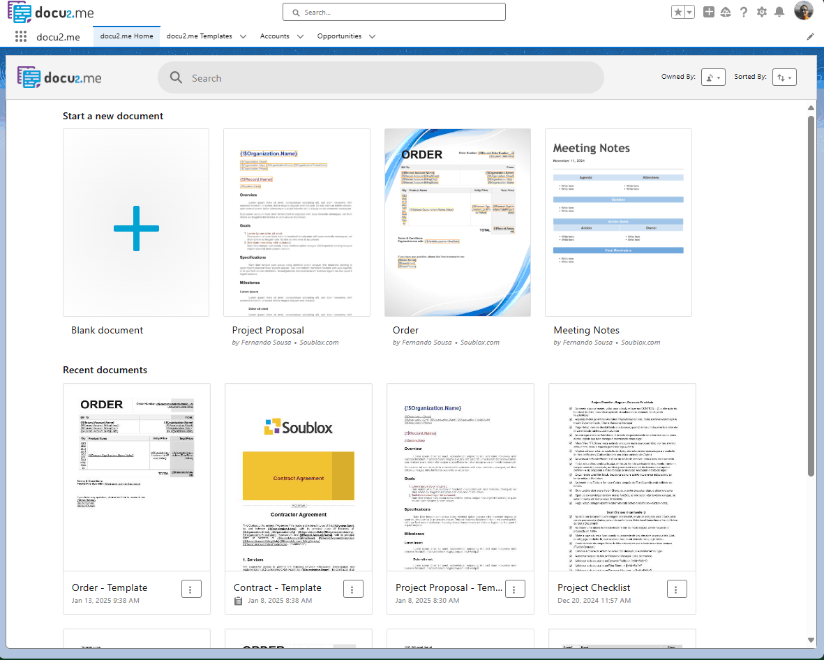 docu2.me home interface showing the main dashboard with document creation and management areas