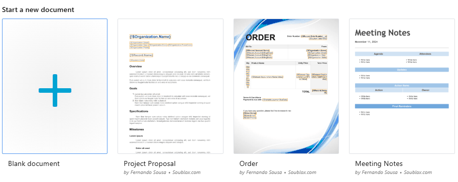 Animation showing the document creation area with options for blank document and templates