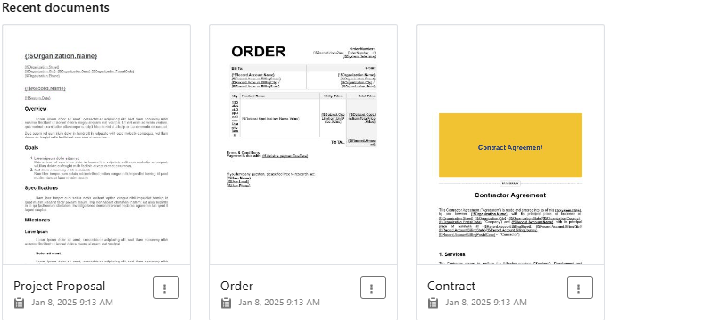 Recent documents section showing a list of recently accessed documents with available actions
