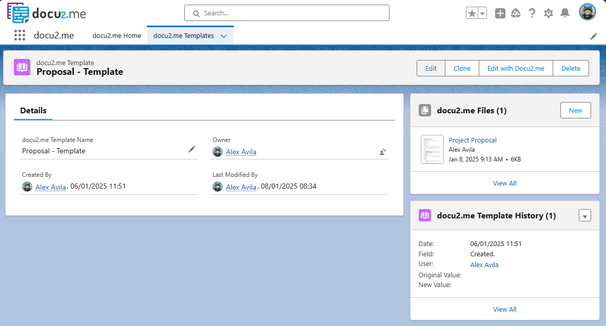 Template management view showing available actions and properties