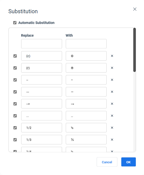 Substitution tool window interface showing the table structure