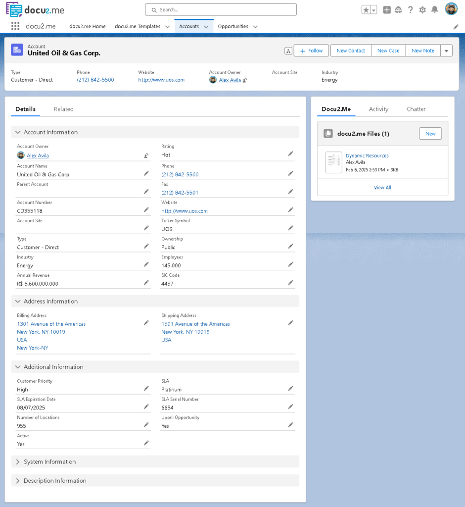 Account record page for United Oil & Gas Corp showing basic information fields