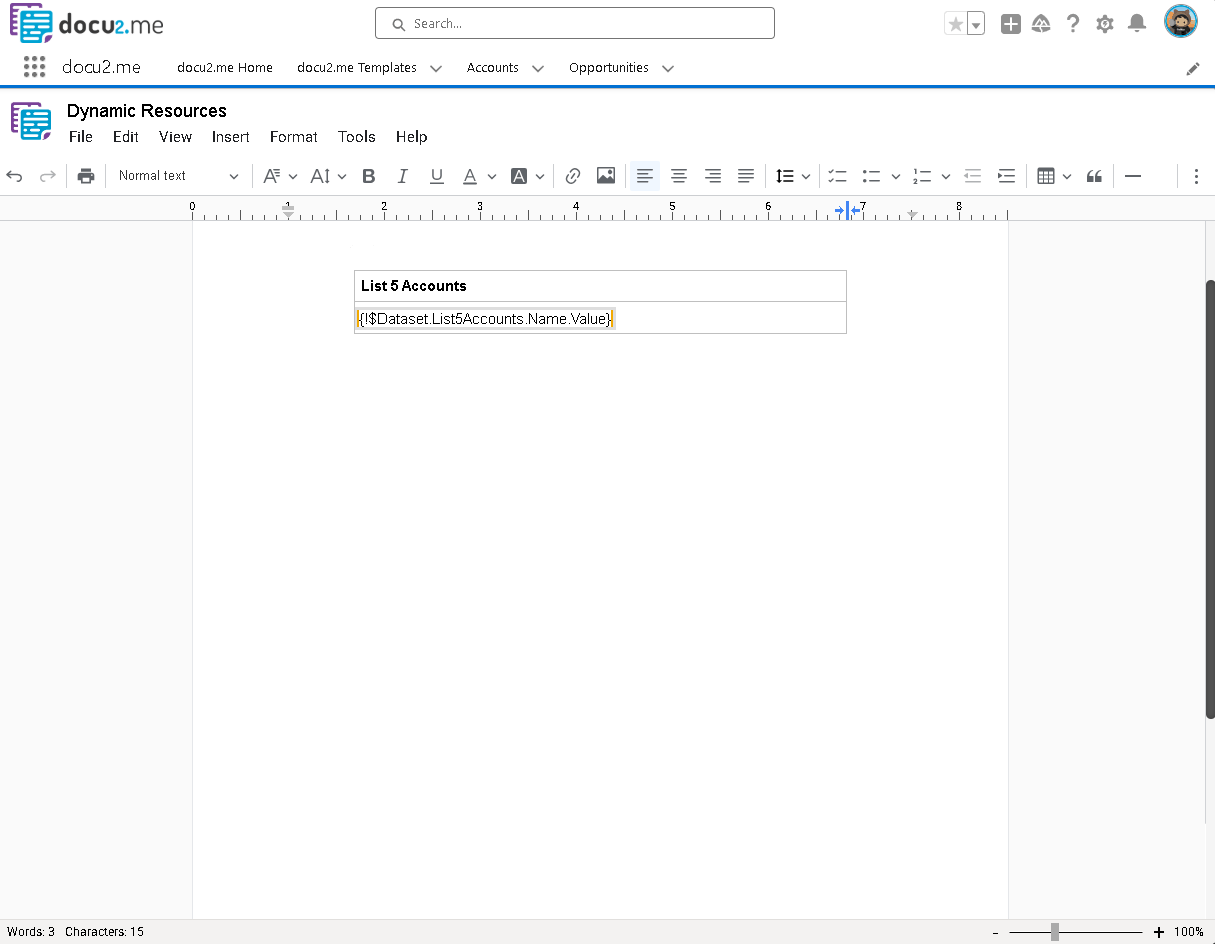 Previewing the document with dynamic account data