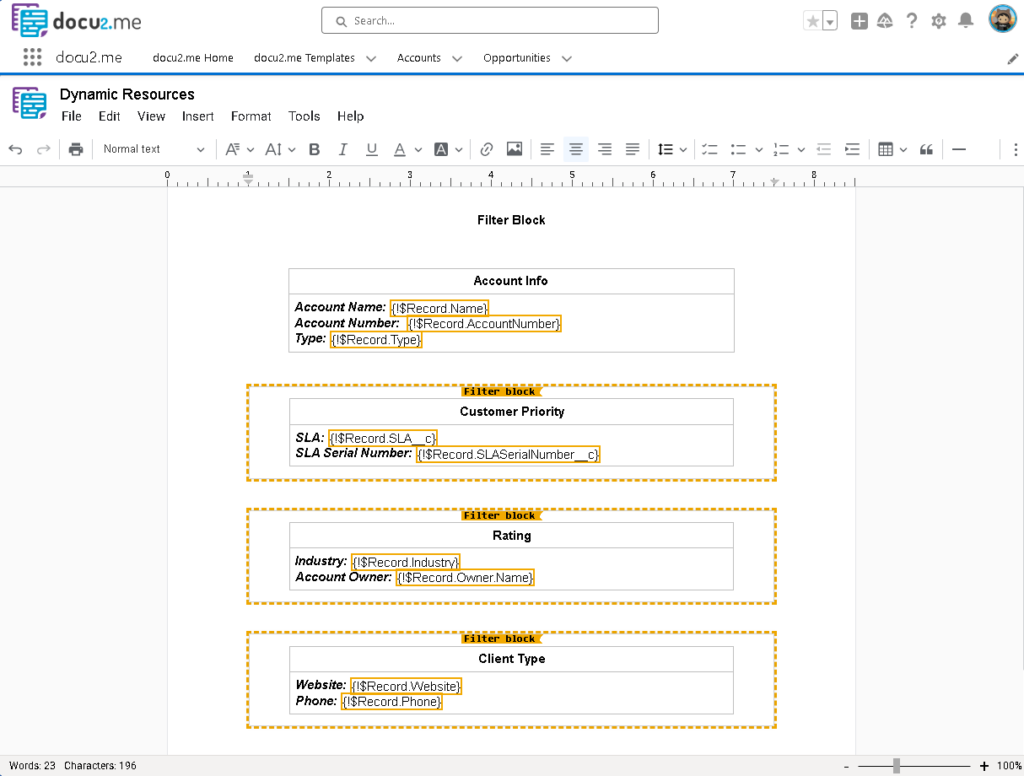 Screenshot showing the filter blocks applied to different sections of the document