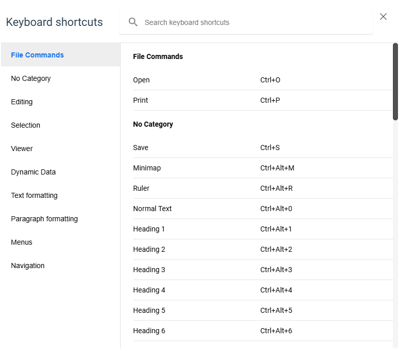 Screenshot of the keyboard shortcuts dialog window in docu2.me